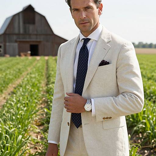 Photograph of a handsome man in a white suit, blue polka dot tie, and white pocket square, standing in a sunlit cornfield with