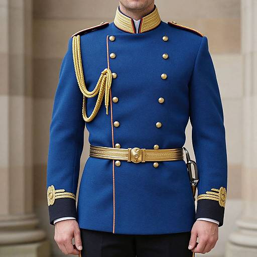 Photograph of a man in a blue military uniform with gold buttons, epaulettes, and belt, standing against a stone column background.