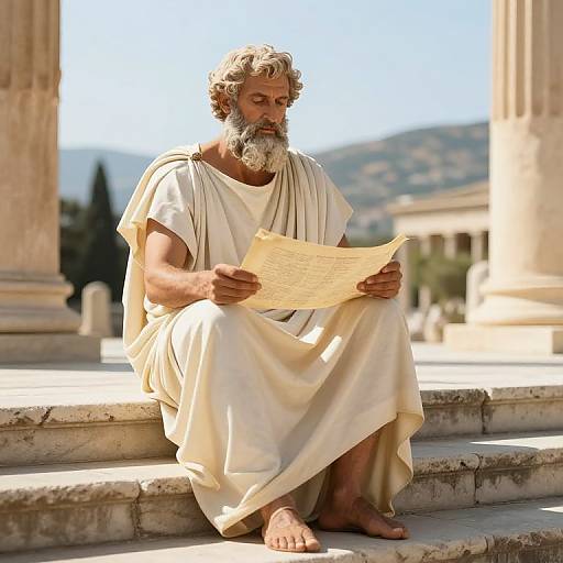 Photograph of a bearded, elderly man with gray hair, wearing a white toga, reading a scroll on ancient stone steps, with classical columns