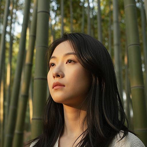 Photograph of an Asian woman with long black hair, soft light on her face, looking slightly to the left, surrounded by tall green bamboo trees in