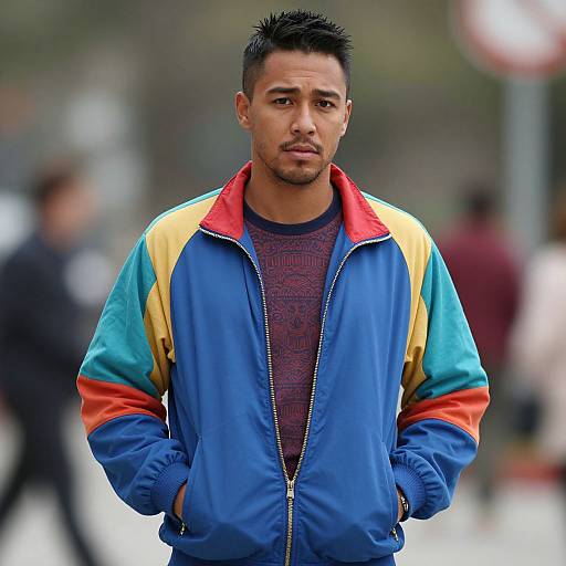Photograph of a young, muscular Latino man with short, spiky black hair, wearing a colorful blue, yellow, and red jacket over a dark