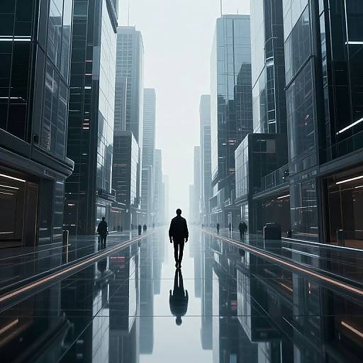 Digital artwork: Silhouette of lone figure walking down a futuristic, glossy, neon-lit city street between towering glass skyscrapers, reflecting bright white