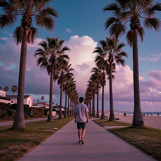 Photograph of a man in a white shirt and black shorts walking on a palm tree-lined beach pathway, with a vibrant, cloud-filled sky in the