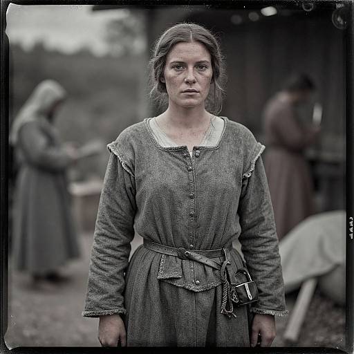 Photograph of a serious, middle-aged woman with fair skin, brown hair, and freckles, wearing a gray, long-sleeved,