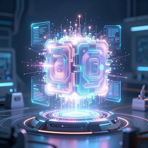 Neon-lit digital hologram of a glowing blue and pink hexagon with lines and text floating around, centered on a futuristic circular platform in a