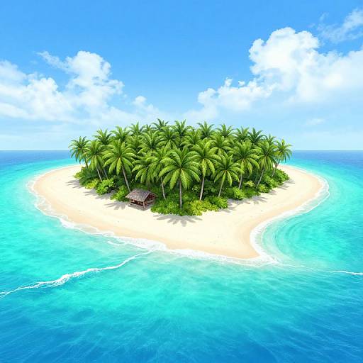 Photograph of a small, isolated tropical island with lush green palm trees, a simple wooden hut, and surrounded by vibrant turquoise ocean under a bright blue