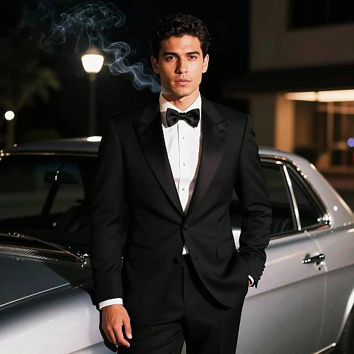 Photograph of a young man with curly dark hair, wearing a black tuxedo with a white shirt and black bow tie, standing by a silver