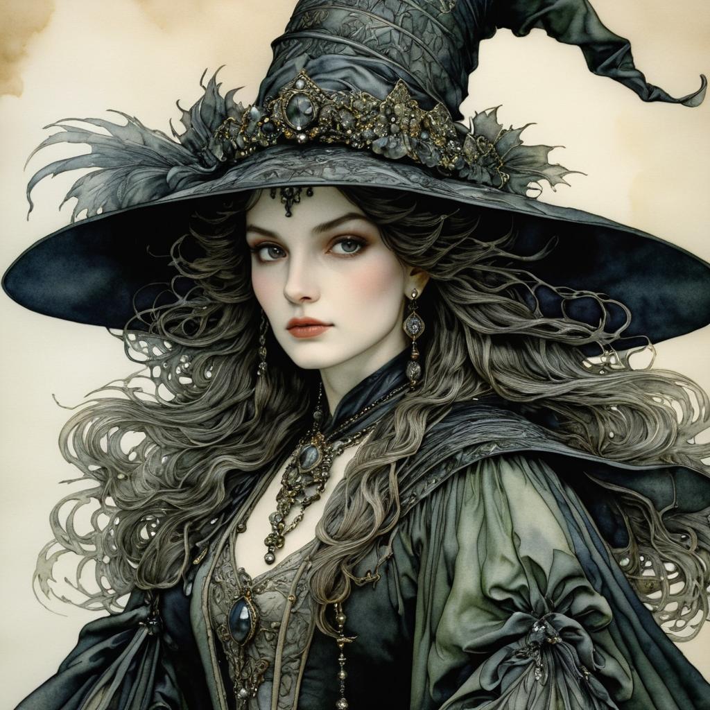 Regal Witch Portrait in Arthur Rackham Style