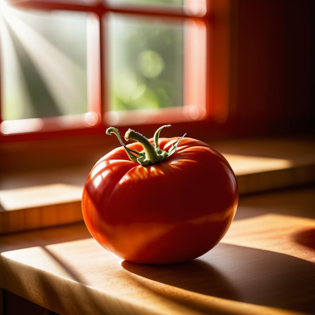 Vibrant Red Tomato in Sunlit Kitchen