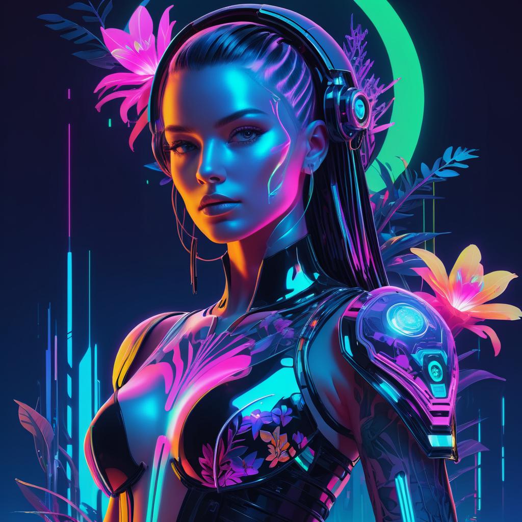 Sleek Cybernetic Woman in Neon Landscape