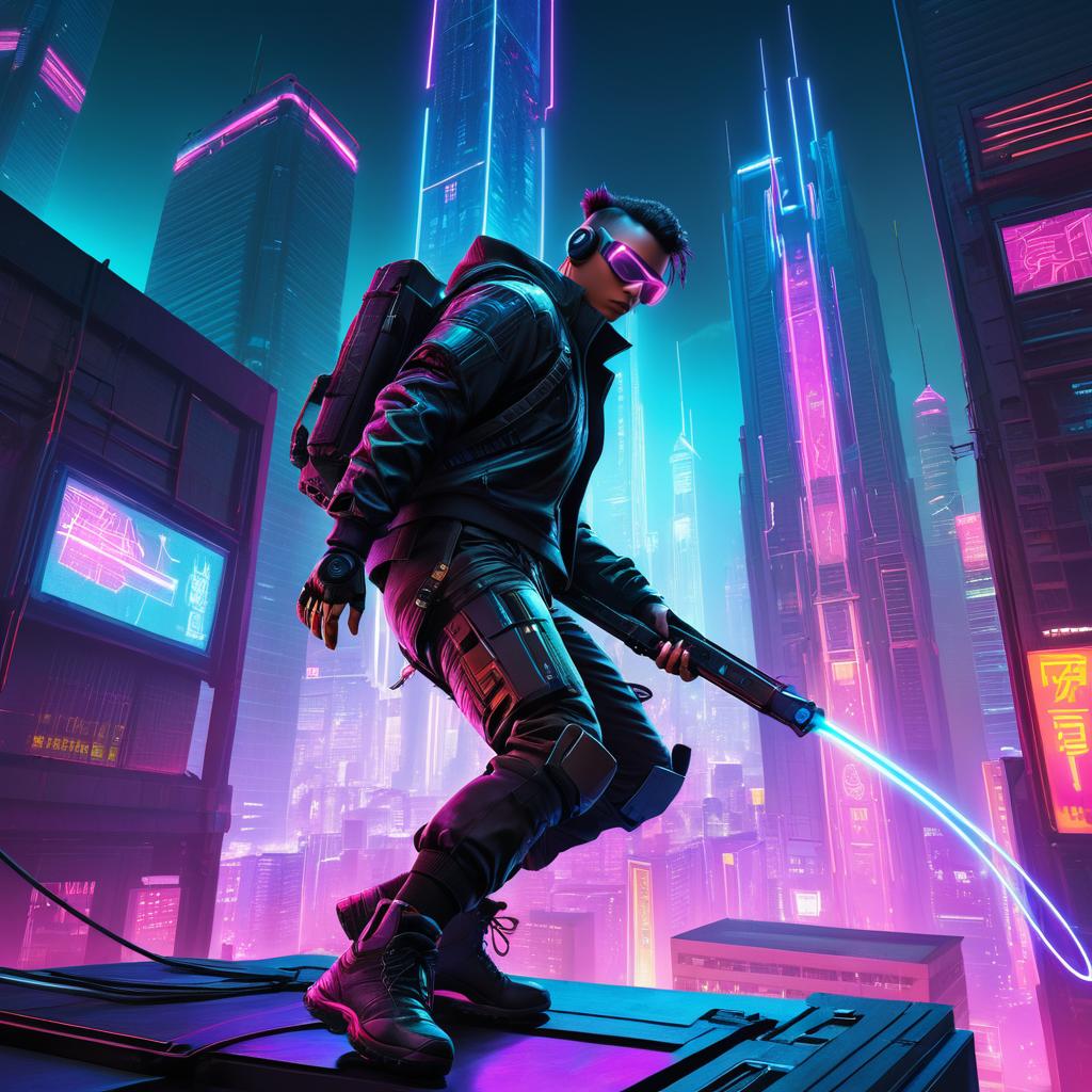 Cyberpunk Hacker in Neon Cityscape