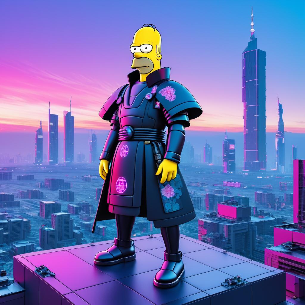 Homer Simpson as Cyberpunk Samurai on Rooftop