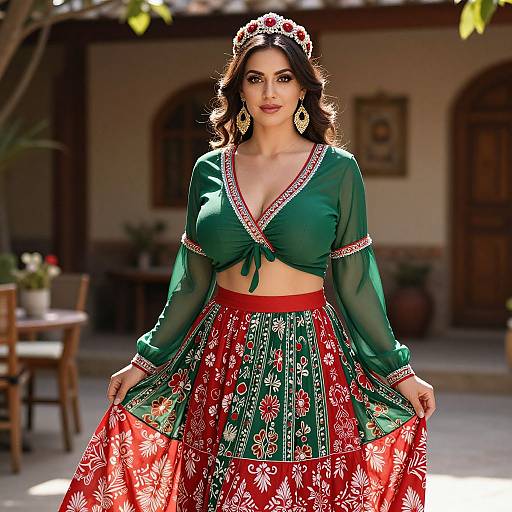 Photograph of a beautiful woman with long dark hair, wearing a green, sheer, cropped blouse and a red, floral-patterned skirt, adorned with