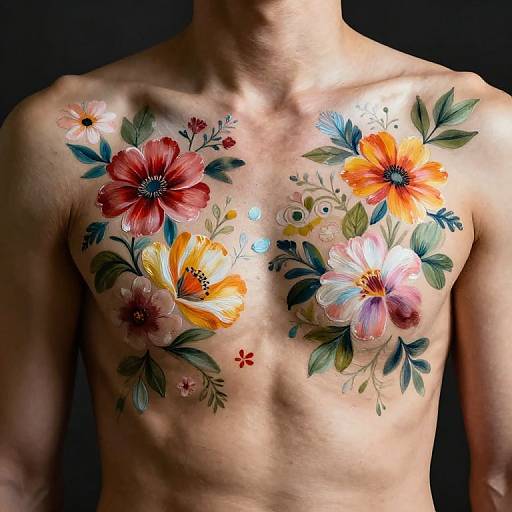 Photograph of a shirtless man with vibrant floral tattoos covering his chest, featuring red, orange, and yellow flowers with green leaves. Dark background highlights
