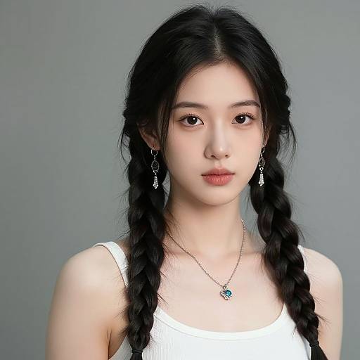 Photograph of an East Asian woman with long black braided hair, wearing a white tank top, silver necklace, and earrings, against a plain gray