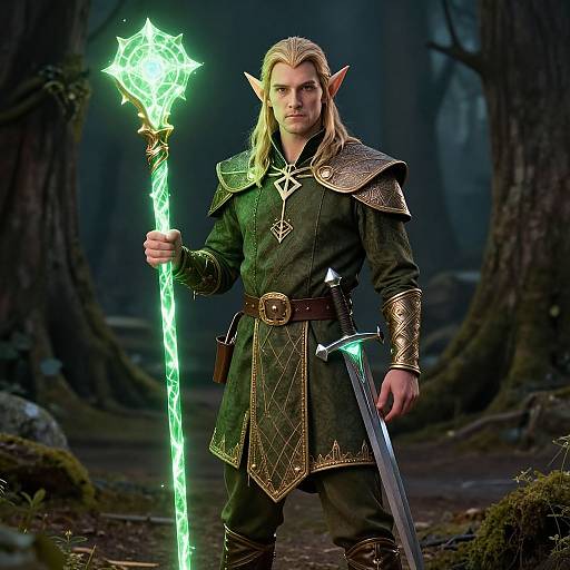 Photograph of a tall, blonde, elf-like warrior with pointed ears, holding a glowing green staff and sheathed sword, wearing dark, ornate