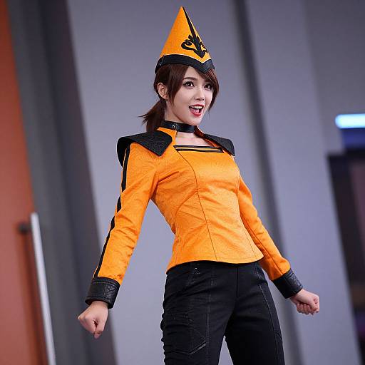 Photograph of a smiling Asian woman in a bright orange military-style uniform with black accents and a matching hat, standing confidently with arms slightly bent. Background