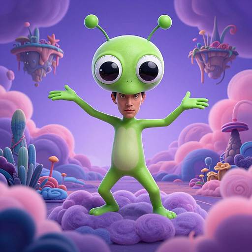 CGI image of a green, cartoon alien with large eyes standing on fluffy clouds, arms outstretched, in a vibrant, surreal landscape with floating