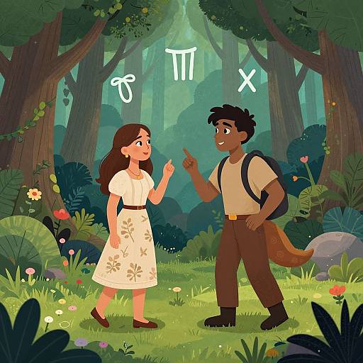 Digital illustration of a forest scene with a brown-haired girl in a floral dress and a dark-skinned boy with a backpack pointing at zodiac symbols (