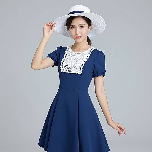 Photograph of an Asian woman with fair skin, black hair, wearing a white lace-trimmed navy dress and wide-brimmed white hat,