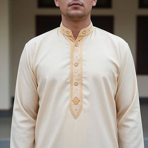 Photograph of a man with light skin, short beard, wearing a cream-colored traditional long shirt with intricate orange embroidery and buttoned placket.