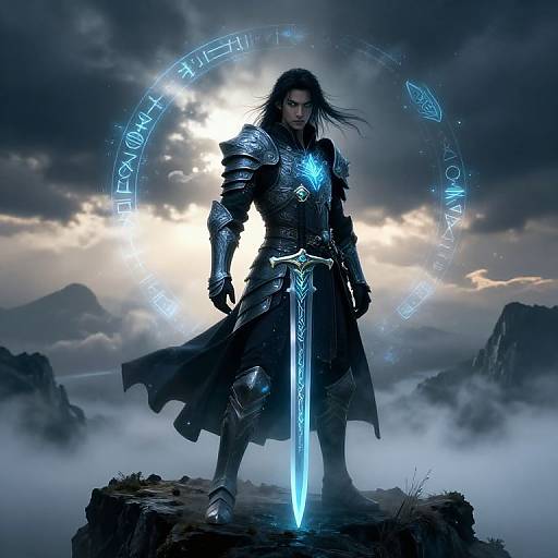 Digital fantasy artwork of a dark-haired warrior in glowing blue armor, standing on a rocky cliff, holding a glowing blue sword, with a mystical circle and