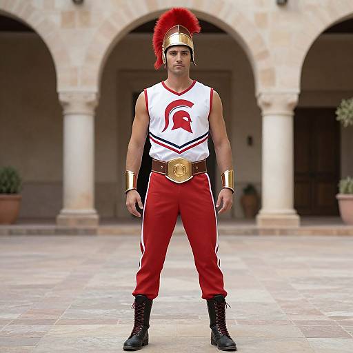 Photograph of a muscular man in Spartan costume: red pants, white sleeveless top with red emblem, gold belt, arm bands, and red feather