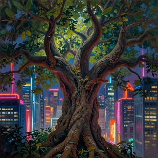 Surreal Ancient Tree Meets Neon Cityscape