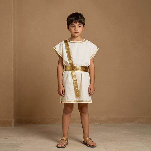 Photograph of a young boy with dark hair, wearing a white Roman-style tunic with gold trim, gold belt, and sandals, standing against a