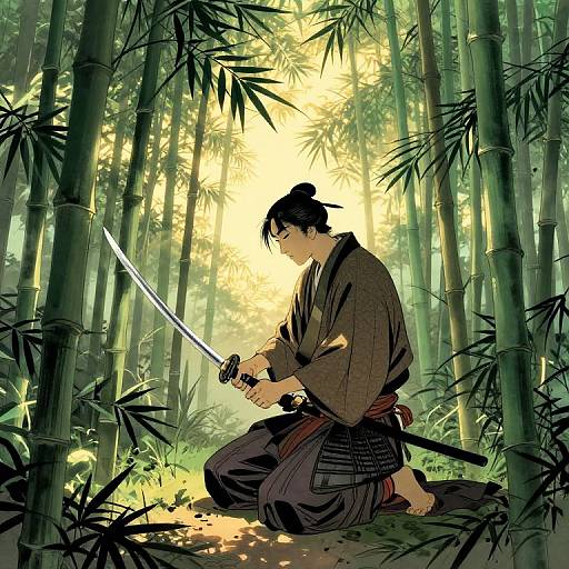 Anime-style digital drawing of a samurai kneeling in a sunlit bamboo forest, holding a katana, wearing traditional brown kimono, with a focused