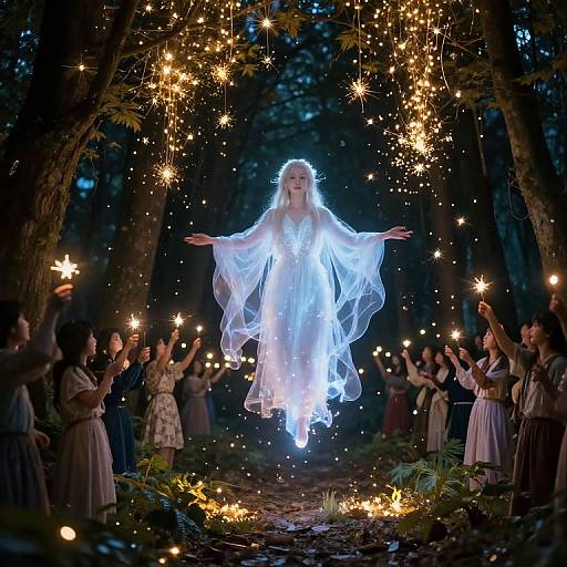 Photograph of a glowing, ethereal woman in flowing white dress, surrounded by sparkling lights, floating above a forest clearing with onlookers holding spark