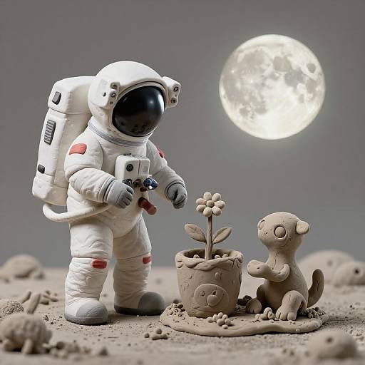 Photograph of a child-sized astronaut in white suit with black helmet, planting a flower in a pot beside a clay mouse, against a moonlit gray