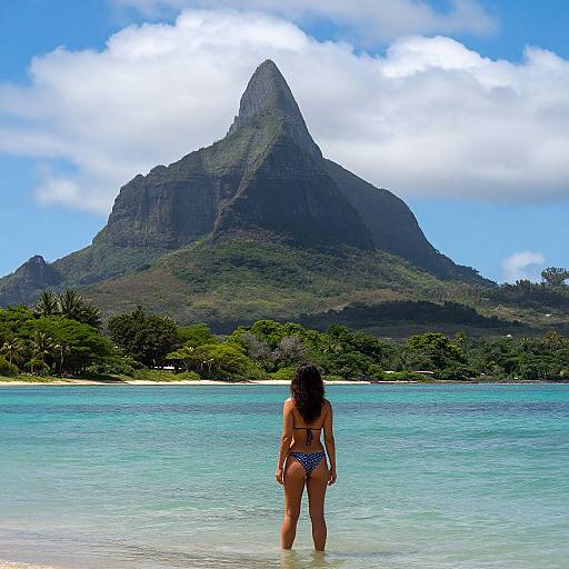 Photograph of a woman in a blue and white bikini standing in turquoise water, facing a towering, green mountain with a pointed peak under a bright blue