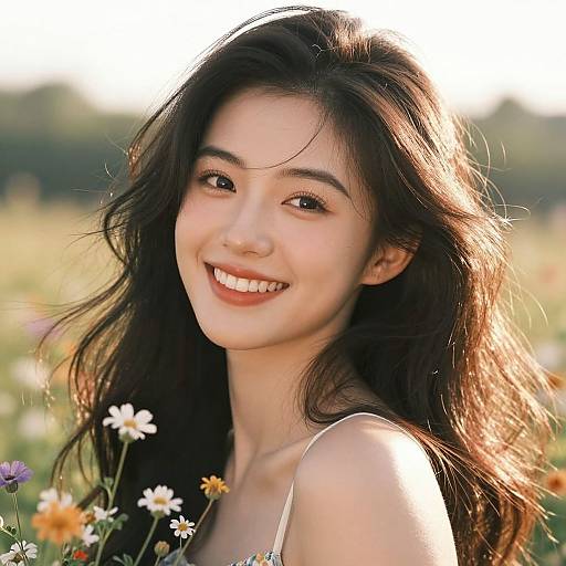 Photograph of a smiling Asian woman with long, wavy black hair, wearing a white sleeveless top, standing in a sunlit flower field.