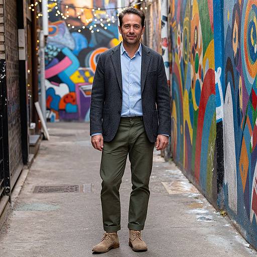Photograph of a smiling man in a dark blazer, light blue shirt, green pants, and brown boots, standing in a colorful, graffiti-covered