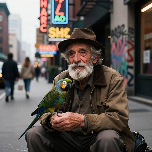 Photograph of an elderly bearded man in a brown hat and jacket, sitting on a city street with a colorful parrot perched on his hand