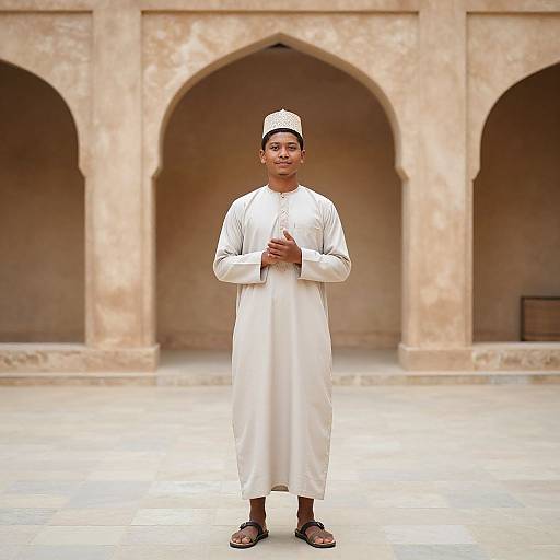 Photograph of a young boy in white traditional attire and cap, standing in front of a beige, arched courtyard. Hands clasped, sandals worn