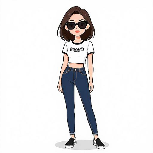 Digital illustration of a young woman with shoulder-length brown hair, wearing black sunglasses, white 