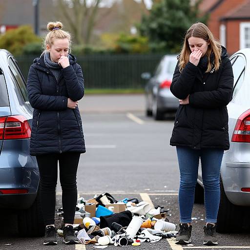 Photograph of two young women in black coats standing beside parked cars, covering their mouths in disgust at litter on the street.