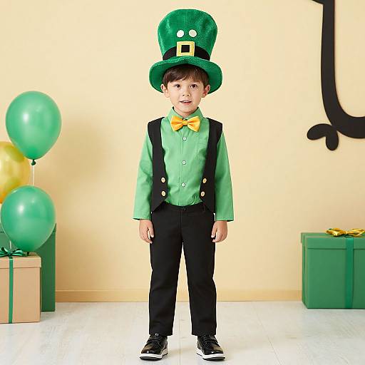Photograph of a young boy in a green St. Patrick's Day outfit, including tall hat, yellow bowtie, and black vest, standing in