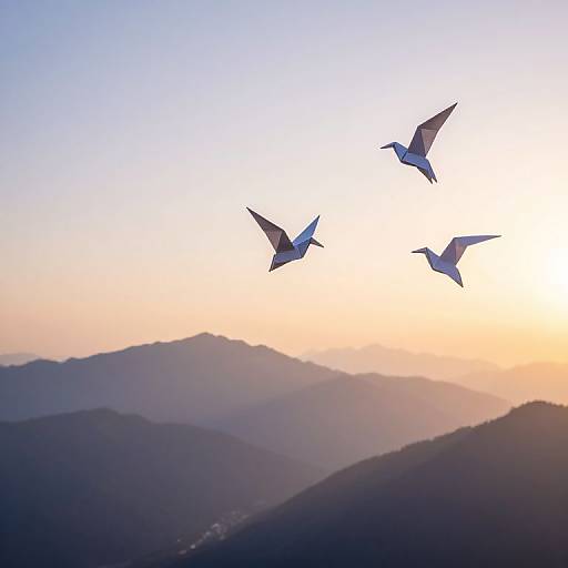 Photograph of three birds in flight against a gradient sky at sunset, with layered mountain silhouettes in the background.