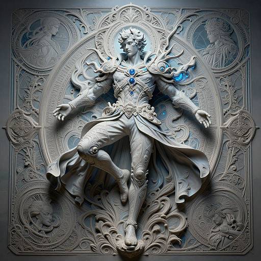 Detailed digital artwork of a sculpted angelic figure with flowing robes and ornate armor, floating amidst intricate, swirling patterns. Blue gem on chest,