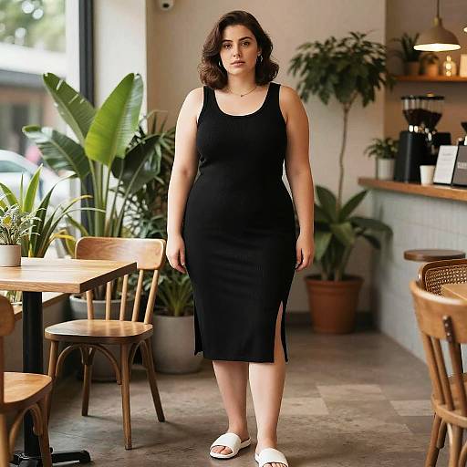 Chic Woman in Minimalist Café Scene