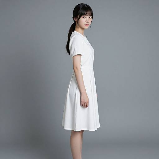 Photograph of an Asian woman with long black hair, wearing a simple white short-sleeve dress, standing in profile against a gray background.