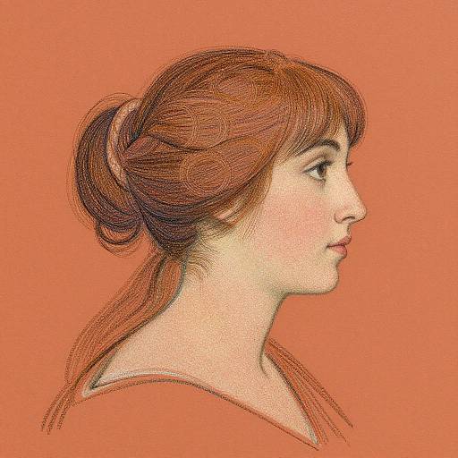 Digital drawing of a red-haired woman in profile, with her hair in a bun, against a solid orange background.