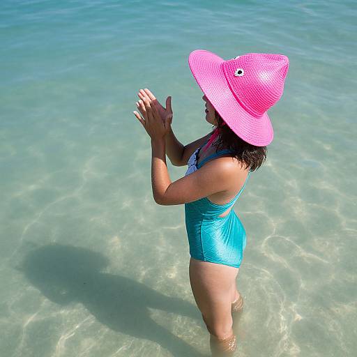 Photograph of a young girl with tan skin, wearing a bright pink sunhat and blue one-piece swimsuit, clapping hands in clear, shallow