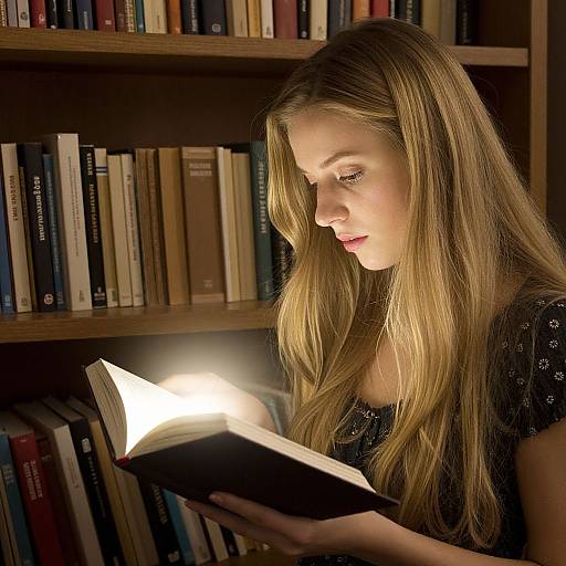 Photograph of a young woman with long blonde hair, reading an illuminated book in a dimly lit library, surrounded by shelves of books.