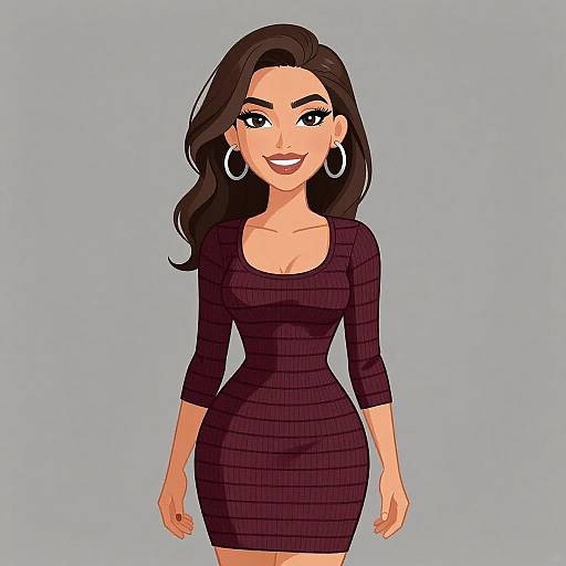 Digital illustration of a smiling woman with long dark hair, wearing a form-fitting, dark purple, checkered dress, and large silver hoop earrings,