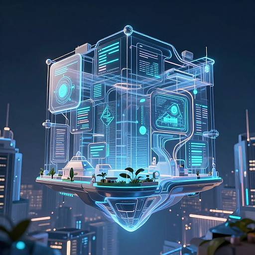 Digital CGI of a futuristic, glowing blue hovering city module with neon circuitry, small plants, and skyscrapers in the background.