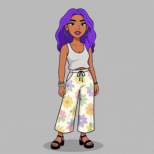 Digital illustration of a confident woman with purple hair, wearing a white tank top, floral white pants, black sandals, and colorful accessories.